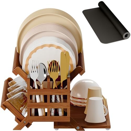 Greenual Teak Dish Drying Rack with Utensil Holder, 3-Tier...