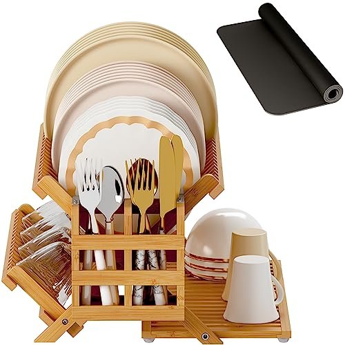 Greenual Bamboo Dish Drying Rack with Utensil Holder 3-Tier...