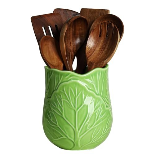 Bicuzat Ceramic Green Cabbage Kitchen Utensil Holder, Large...