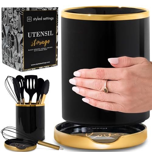 STYLED SETTINGS Black and Gold Utensil Holder with Built-in...