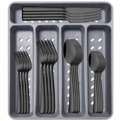 21-Piece Modern Black Silverware Set with Organizer...