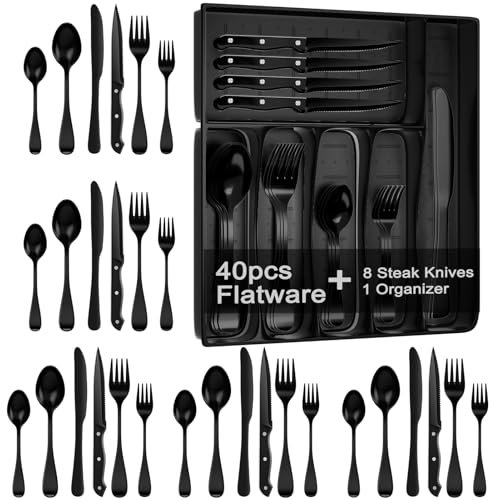 JUNLIN 49 Pieces Black Silverware Set with Steak Knives