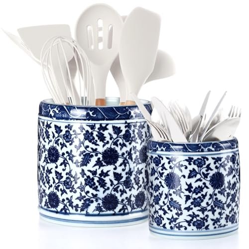 SiliFine 2 Pcs Blue and White Kitchen Ceramic Utensil...