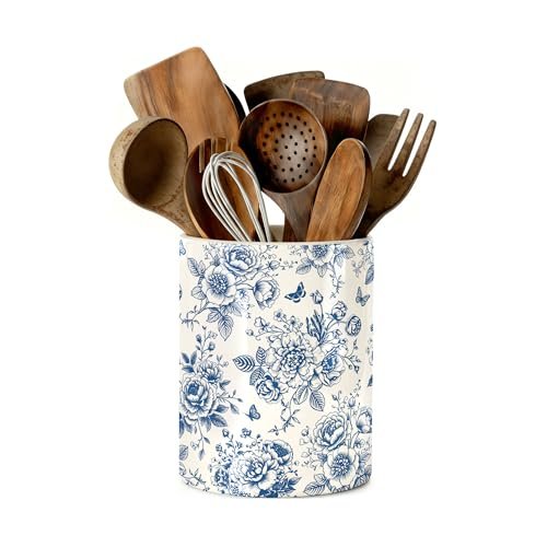 Chinoiserie Floral Utensil Holder, Ceramic Kitchen Utensil...