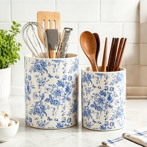 JarThenaAMCS 2Pcs Chinoiserie Floral Ceramic Utensil Holder...