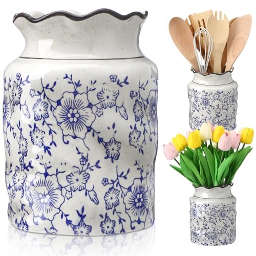 LemonRoad Chinoiserie Floral Ceramic Utensil Holder Blue...