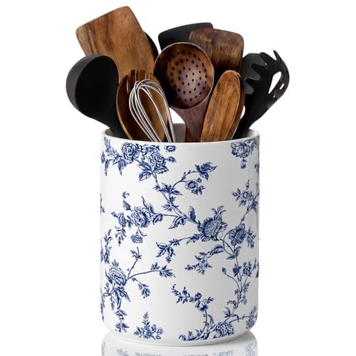 Suclain Blue Floral Ceramic Utensil Holder 6.3 Inch Kitchen...