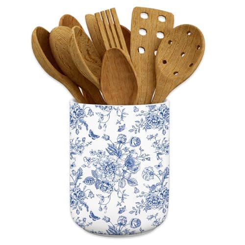 JarThenaAMCS Blue Chinoiserie Floral Ceramic Utensil Holder...