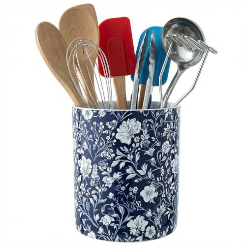 MyGift Ceramic Kitchen Utensil Holder with Blue and White...