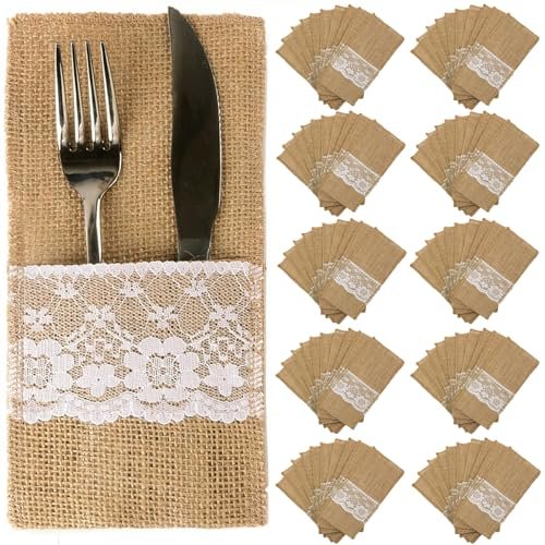 OZXCHIXU TM 100 Pack Natural Burlap Cutlery Holders with...