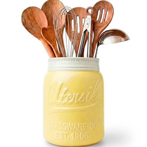 Comfify Yellow Mason Jar Utensil Holder – Wide Mouth Ceramic