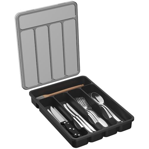 Lifewit Silverware Organizer with Lid, Covered Utensil Tray