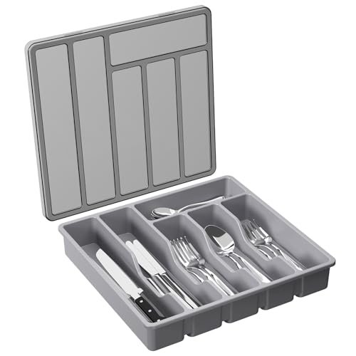 Lifewit Silverware Organizer with Lid, Covered Utensil Tray