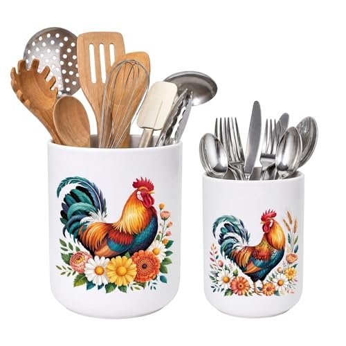 HYNNIO 2 Pcs Rooster Ceramic Utensil Holder, Farmhouse...