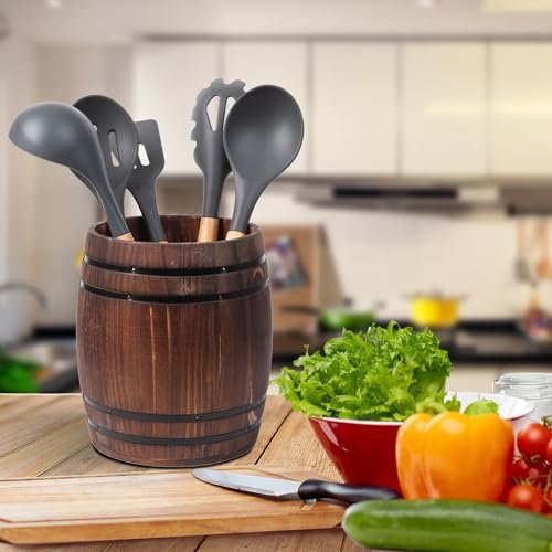 ExoLiry Rustic Dark Brown Wood Utensil Crock Kitchen Tools...