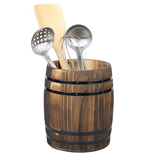 MyGift Wine Barrel Design Kitchen Utensil Crock, Rustic...