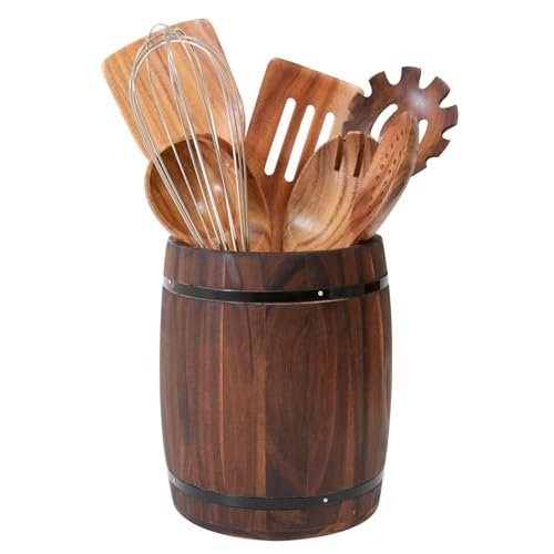 Tomato Garden Wooden Utensil Holder, Brown, Barrel Storage...