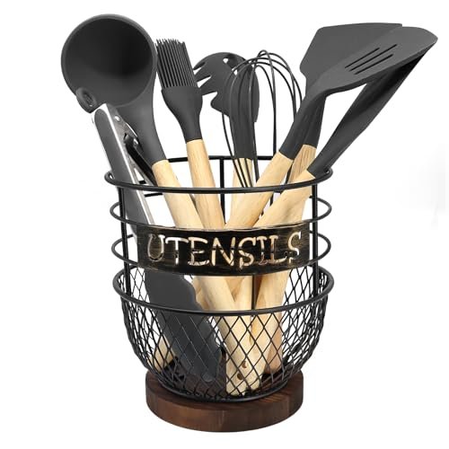 Matte Black Large Utensil Holder, Rustic Wood Base,...