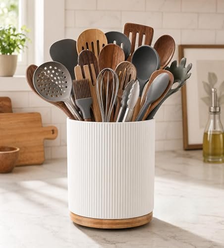 KSENDALO Large 360° Rotating Utensil Holder, Cream White...
