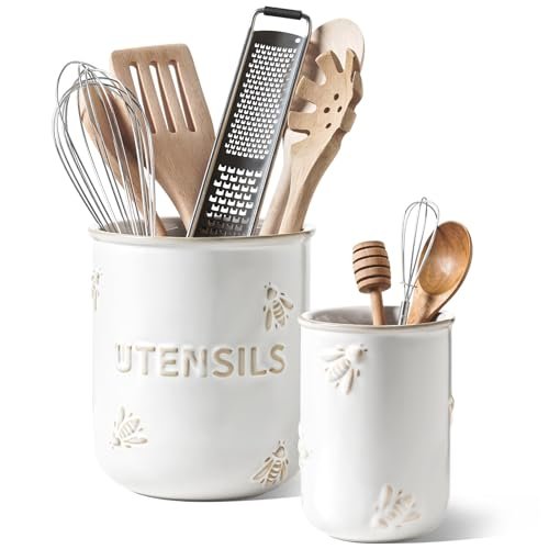 LE TAUCI Kitchen Utensil Holder Set of 2 Large Ceramic