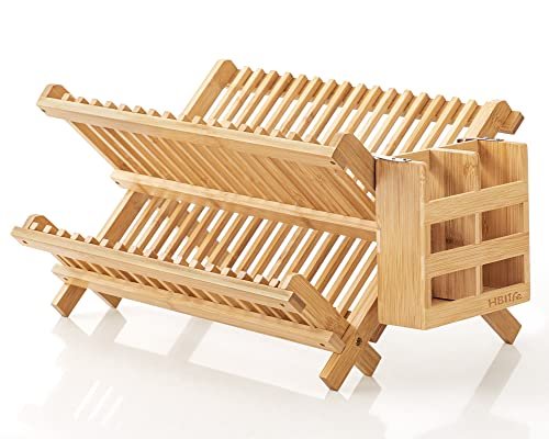 HBlife Dish Rack, Bamboo Folding 2-Tier Collapsible Drying...