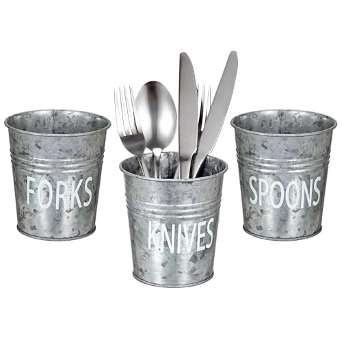 JUXYES Set of 3 Farmhouse Metal Tin Kitchen Utensil Holders