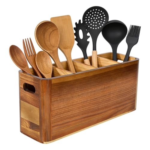 VLXXOI Large 4-Compartment Acacia Wooden Utensil Holder,...