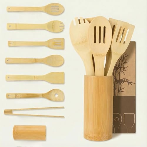Bamboo Cooking Utensils 8-Piece, Wooden Kitchen Tools with...