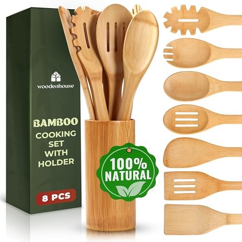 Bamboo Utensils 7 PCs with Holder – For Nonstick Cooking