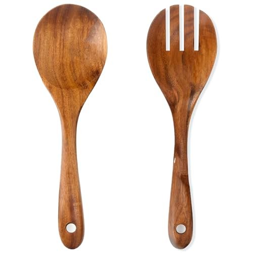 Teak Wood Salad Serving Spoon and Spork Set 2