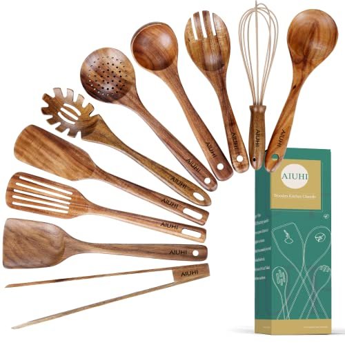 10 Pack Wooden Utensils for Cooking, Wood Non-Stick Set
