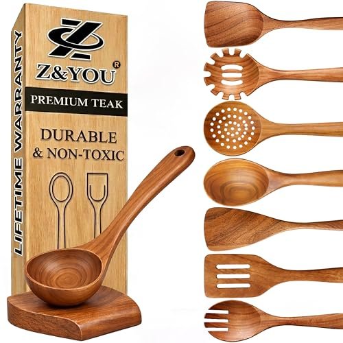 9-Piece Teak Wooden Utensil Set – Wooden Spoons, Spatula,...