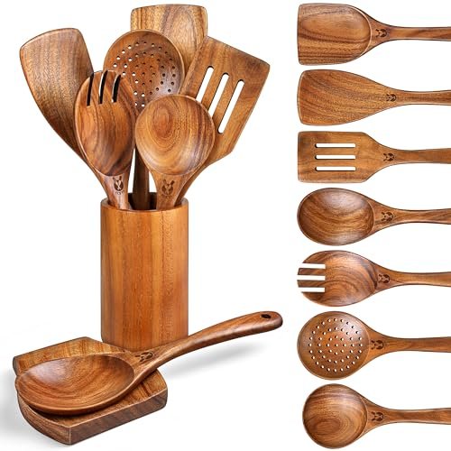 Wooden Spoons for Cooking, 9 Pcs Natural Teak Utensil Set