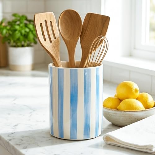 JarThenaAMCS Blue White Stripe Ceramic Utensil Holder for...
