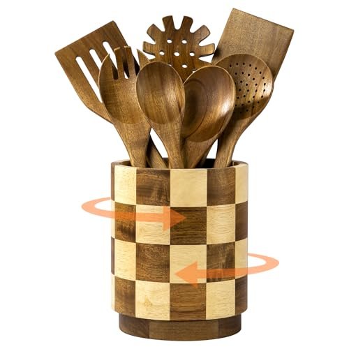 Fyctio Wooden Utensil Holder, 360° Rotating Acacia Wood...