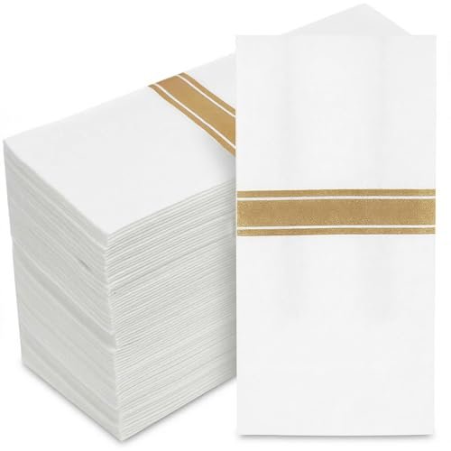 100 Pack Disposable Dinner Napkins, White with Gold Trim...