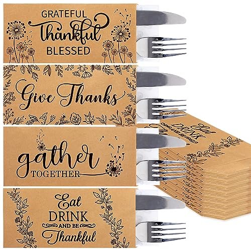 Whaline 100 Pack Fall Thanksgiving Silverware Bags Rustic...