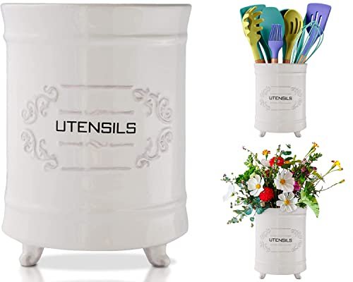 Comfify French White Ceramic Utensil Crock – with Scroll...