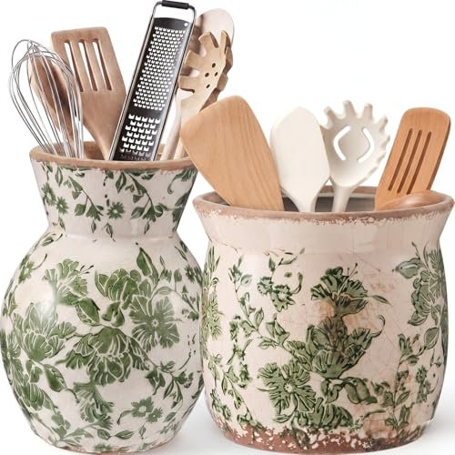 Ferrochef 2 Pack Green Floral Ceramic Utensil Holder...