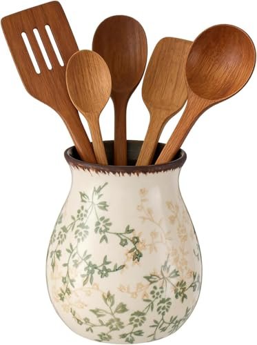 Rustic Ceramic Utensil Holder for Kitchen Counter Farmhouse...