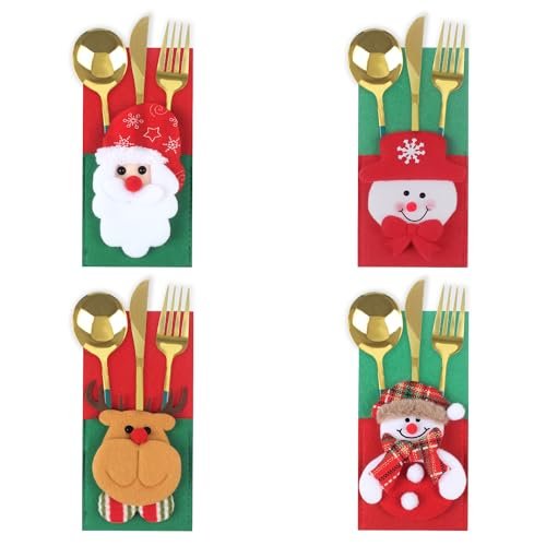 4pcs/set Christmas Silverware Holder Pockets, Santa Snowman...