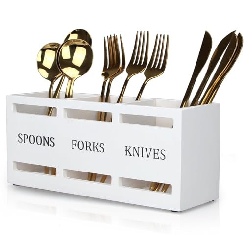 Wooden Silverware Cutlery Holder White Flatware Caddy Small...