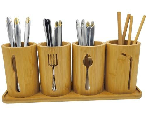 AYAMAX Bamboo Cutlery Holder Set - 4 holders with Tray