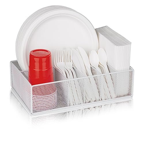 Paper Plate Organizer for Countertop, Metal Silverware Caddy