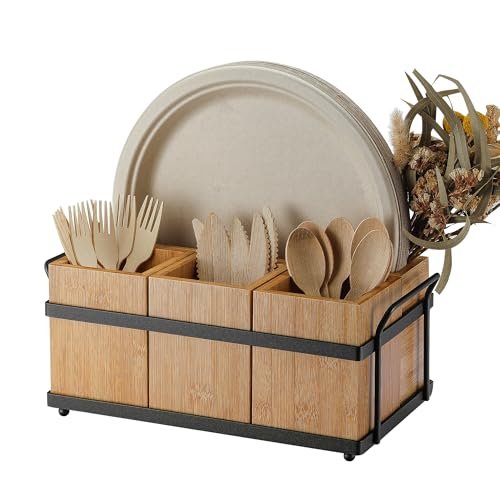 PTSTING Silverware Caddy Wood Utensil Holder Paper Plate...