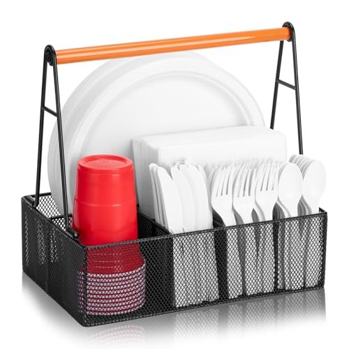 Paper Plate Organizer with Handle for Countertop, Napkins...