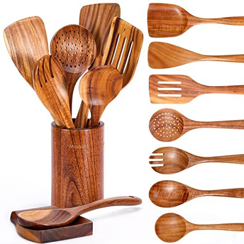 Mooues 9 Piece Natural Teak Wooden Kitchen Utensil Set...
