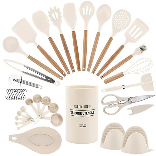 Country Kitchen Non Stick Silicone Utensil Set with Wood...