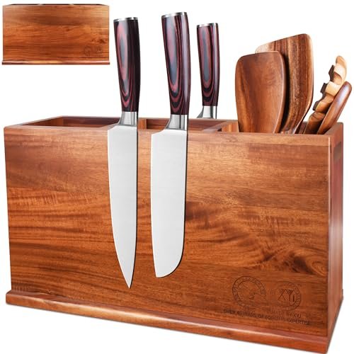 XYJ Acacia Wood Utensil Holder with Magnetic Knife Block