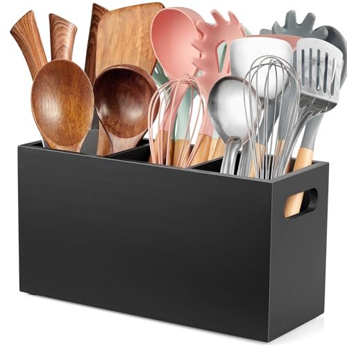 ALELION Black Kitchen Utensil Holder for Countertop, Wooden...